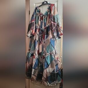 Multi-Color Flutter Sleeve Off Shoulder Maxi Dress